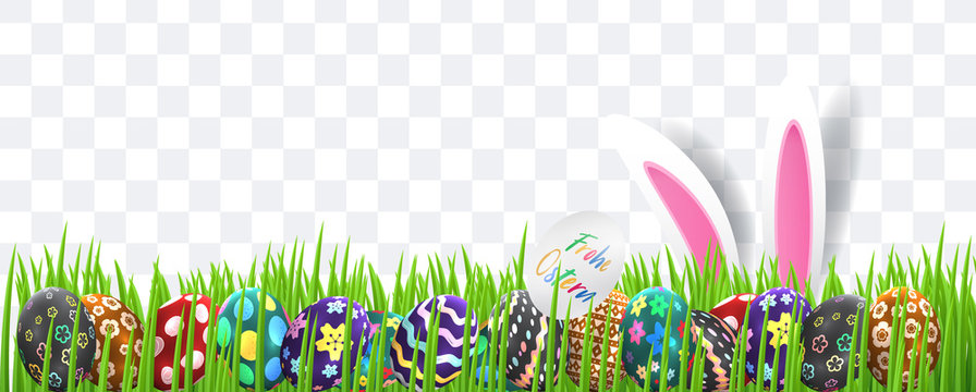 Bunte Ostereier. Frohe Ostern. Happy easter image vector. Modern happy Easter background with colorful eggs, bunny, rubbit, and spring flower. Template Easter greeting card, vector.
