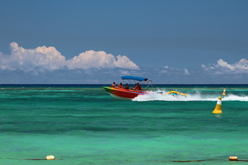 Walking boat in sea. Trou aux Biches, Mauritius