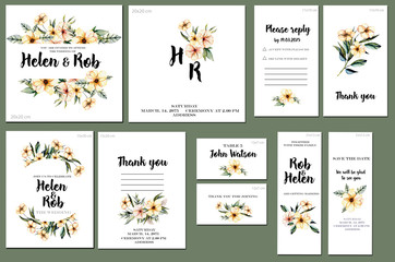 Fototapeta premium Card templates set with watercolor pink wildflowers and green leaves background; artistic design for business, wedding, anniversary invitation, flyers, brochures, table number, RSVP, Thank you card
