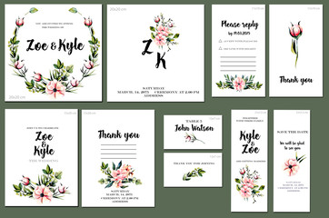 Card templates set with watercolor pink peonies and green branches background; artistic design for business, wedding, anniversary invitation, flyers, brochures, table number, RSVP, Thank you card