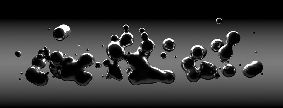Fondo abstracto de gotas de liquido negro flotando.Ciencias fisicas y quimica