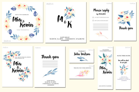 Card templates set with watercolor pink roses and blue leaves background; artistic design for business, wedding, anniversary invitation, flyers, brochures, table number, RSVP, Thank you card