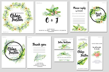Card templates set with summer tropical watercolor flowers and plants background; artistic design for business, wedding, anniversary invitation, flyers, brochures, table number, RSVP, Thank you card