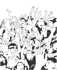 Stylized illustration of festival crowd partying with raised hands poster background art in black and white