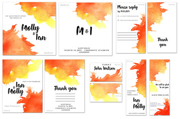 Card templates set with red and yellow watercolor splashes background; artistic design for business, wedding, anniversary invitation, flyers, brochures, table number, RSVP, Thank you card