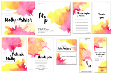 Card templates set with pink and yellow watercolor splashes background; artistic design for business, wedding, anniversary invitation, flyers, brochures, table number, RSVP, Thank you card