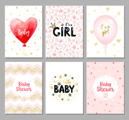 Vector set of 6 color baby shower cards for girls. It's a girl card. Hello baby card. Vector invitation with cute pattern, balloon, gift. Baby arrival and shower collection.