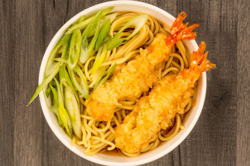 Japanese Style Tiger Prawn Tempura Noodle Soup With Spring Onions