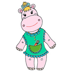 Cute baby hippo girl cartoon hand drawn illustration. Can be used for baby t-shirt print, fashion print design, kids wear, baby shower celebration greeting and invitation card.