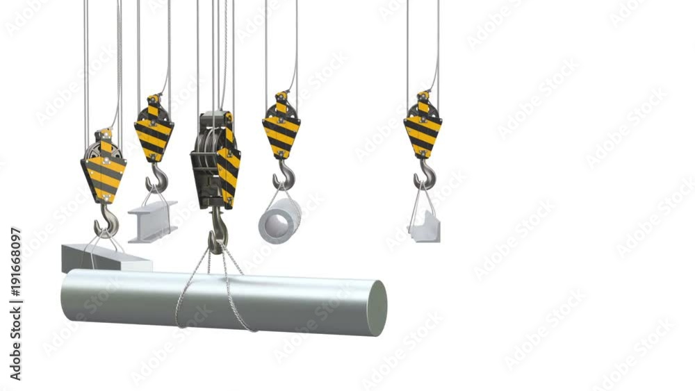 Poster crane hooks with metallurgical products, rolled metals animation concept. 3d rendering isolated on w