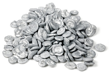 99.999% fine zinc pellets isolated on white background - obrazy, fototapety, plakaty