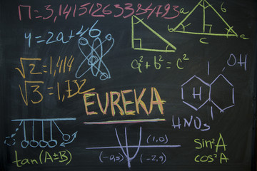 Eureka inscription on a black chalkboard