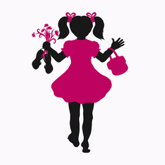 Silhouette of a girl walking barefoot, with flowers, sandals and a bag