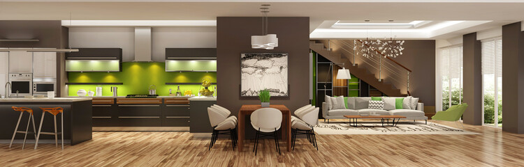 Modern house kitchen living room interior
