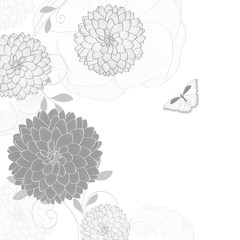 Hand-drawing floral background with flower dahlia and with butterflies. Vector illustration.