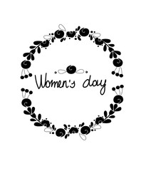 a monophonic abstract black and white background with a flower wreath pattern and an inscription female day