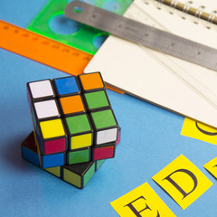 School supplies on a blue background