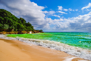 Fototapeta premium The Gulf of Samana, Dominican Republic. Transparent, turquoise water of the beach of the island of Cayo Levantado