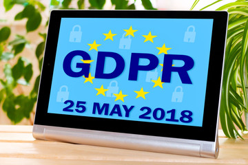 GDPR on the touch screen of the tablet .General Data Protection Regulation concept may 25, 2018.