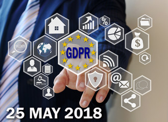 The businessman chooses the GDPR on the touch screen .General Data Protection Regulation concept may 25, 2018.