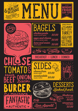 Bagels restaurant menu. Vector sandwich food flyer for bar and cafe. Design template with vintage hand-drawn illustrations.
