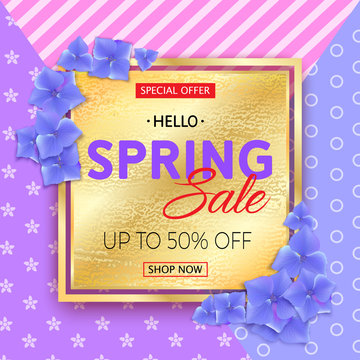 Beautiful  Vector Spring sale gold banner with blue hydrangea flowers