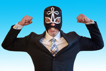 businessman with wrestler mask and fighting position