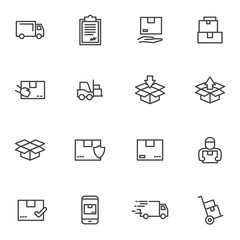 Set order and courier delivery goods, courier service, warehouse vector icons