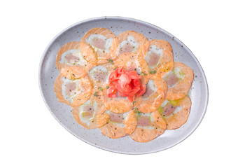 Delicate carpaccio of salmon on a white background.