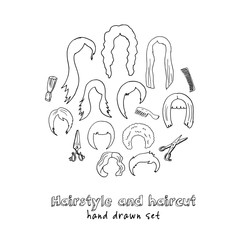 Hand drawn doodle hairstyle and haircut set.