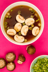 Bowl Of Japanese Style Clear Onion Soup With Mushrooms and Spring Onions