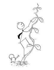 Cartoon stick man drawing conceptual illustration of businessman climbing high plant or beanstalk. Business concept of success, career and startup.