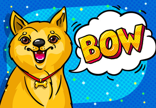 Dog with open mouth and speech bubble.