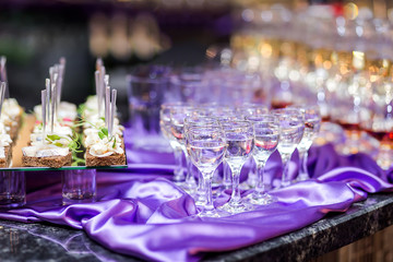holiday buffet table served by different canape, sandwiches, snacks ready for eating in restaurant