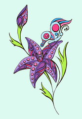 color vector drawing of a flower and butterflies with patterns