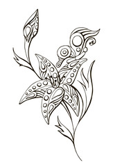 painted vector linear black and white flower with butterfly