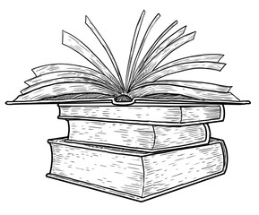 Stack of books illustration, drawing, engraving, ink, line art, vector
