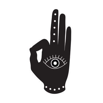 black hand with eye mudra buddhism hinduism symbol vector