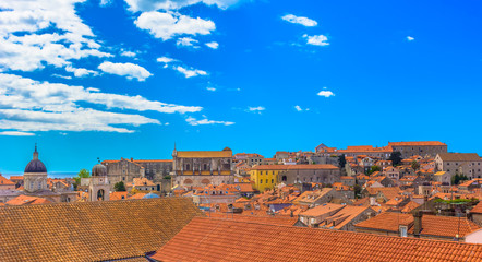 Dubrovnik panorama cityscape Croatia. / Scenic view at picturesque medieval town Dubrovnik in Southern Croatia, UNESCO World's Heritage Site. - obrazy, fototapety, plakaty