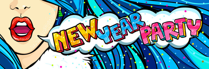 Open mouth and New Year Party Message in pop art style