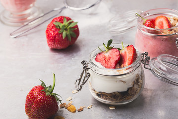 Healthy breakfast with strawberries, muesli and yogurt