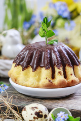 Traditional easter cake with chocolate decorated with buxus twig.