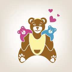 Beautiful bear hugs her little teddy bear on white background