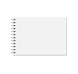 Horizontal notebook mock up isolated on white background. Blank pages, copybook with metal spiral template. Realistic closed notebook vector illustration. - obrazy, fototapety, plakaty