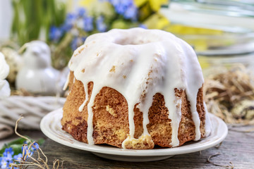 Traditional easter cake and seasonal table decorations.