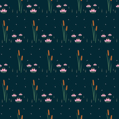 Water lilies with bulrush trendy seamless pattern on dark blue background. Cute Japanese art background. Design for fabric, wallpaper, textile and decor. - 191684015