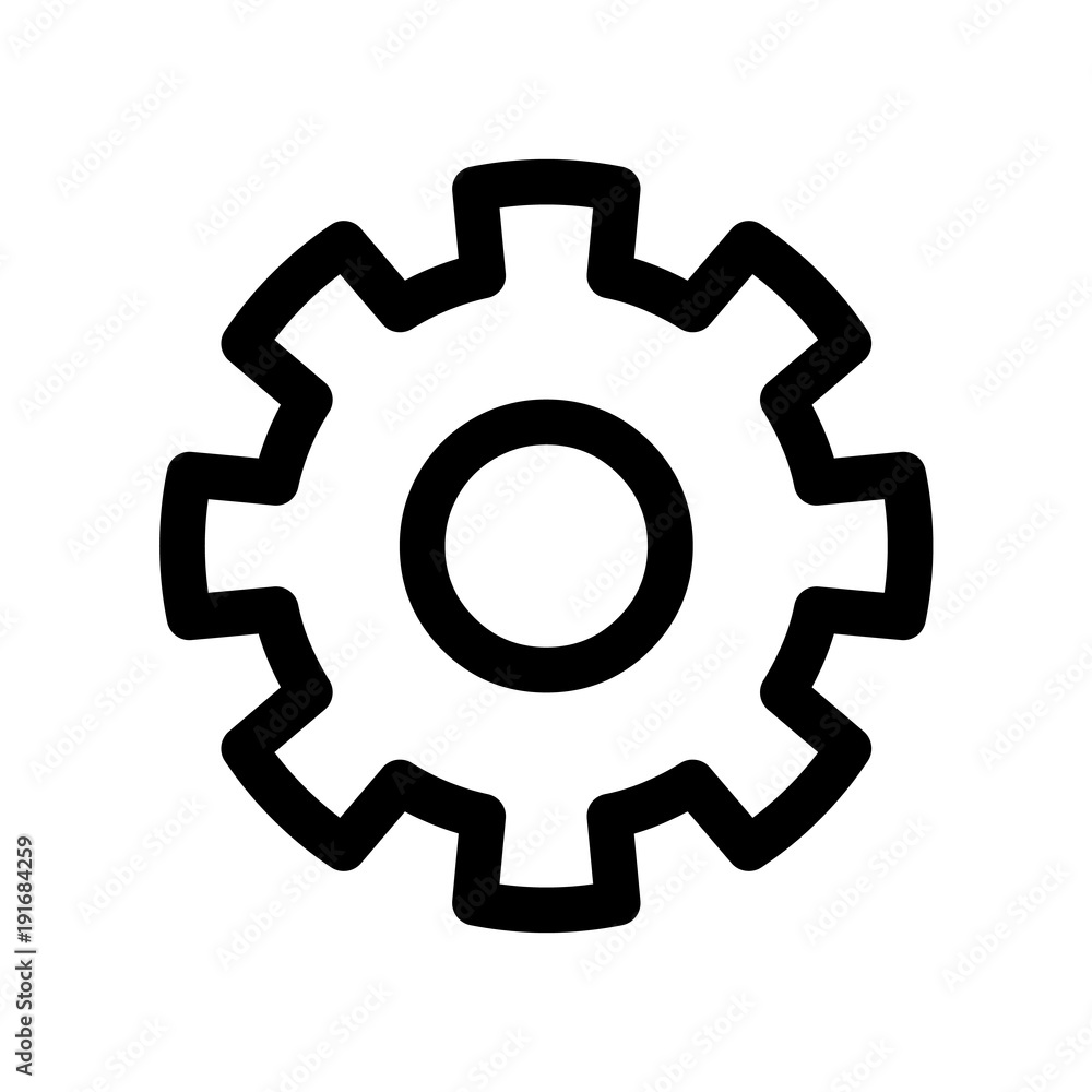 Sticker Cog wheel icon. Symbol of settings or gear. Outline modern design element. Simple black flat vector sign with rounded corners.