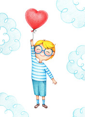 hand drawn picture of kid flying with red balloon by the color pencils. illustration of sentimental happy boy