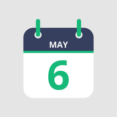 Flat icon calendar 6th of May isolated on gray background. Vector illustration.