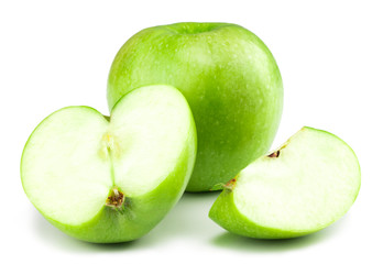 Green apple fruits and slices of apple isolated on white background